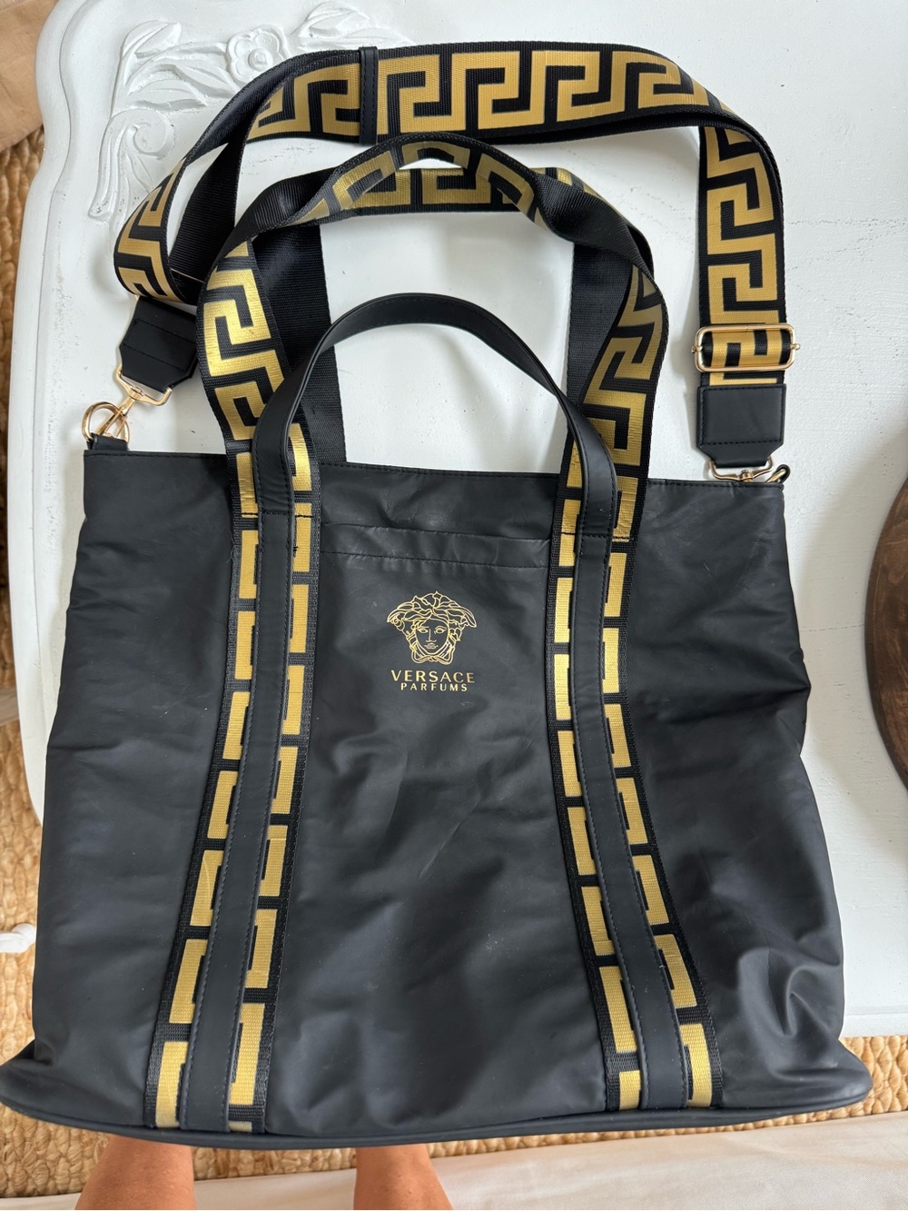 Versace Parfums Black Tote with Gold Greek Key Accents Men or Women’s Bag!!